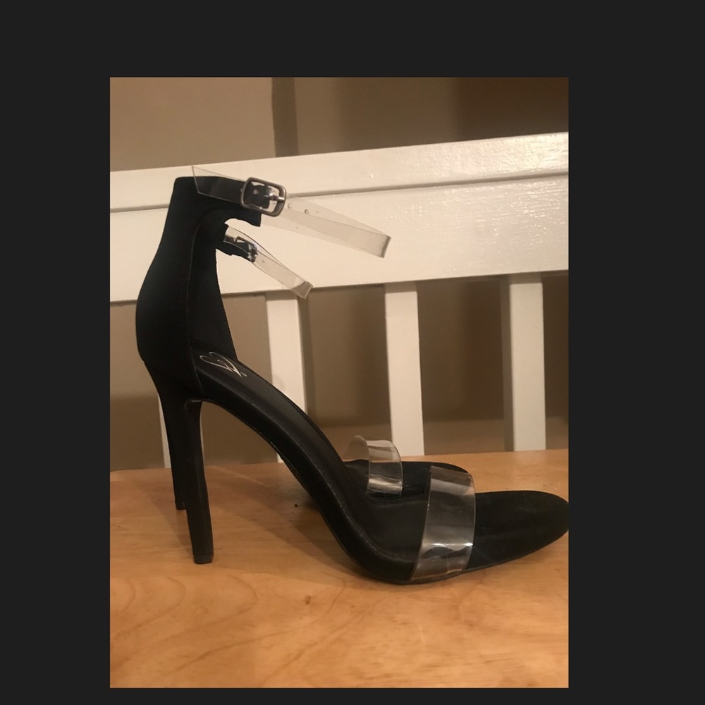 Black heels with clear, plastic straps